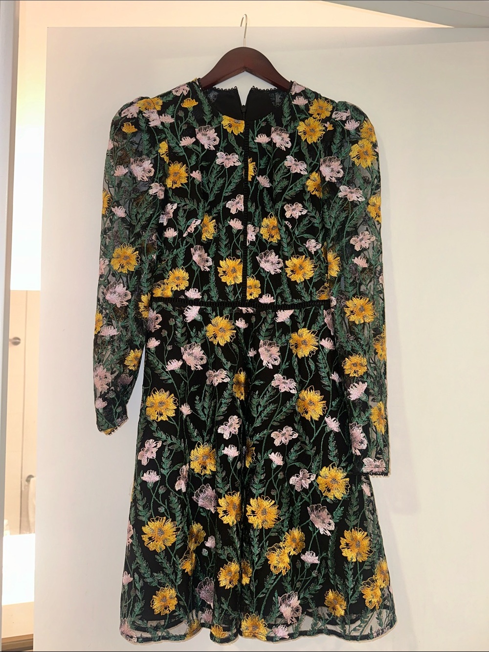 Monique Lhuillier Black Long-Sleeve Floral Dress with Yellow & Pink Blooms